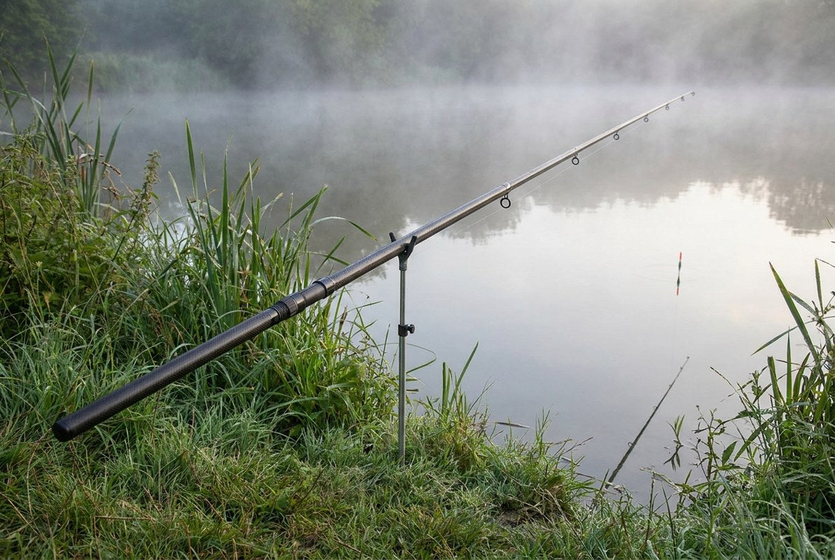 Canne à pêche au coup posée sur un support au bord d'un étang, flotteur sur l'eau calme au petit matin Image