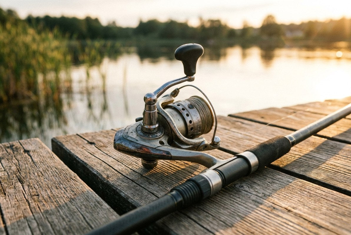 Moulinet spinning monté sur une canne à pêche posée sur un ponton en bois au bord d'un lac Image