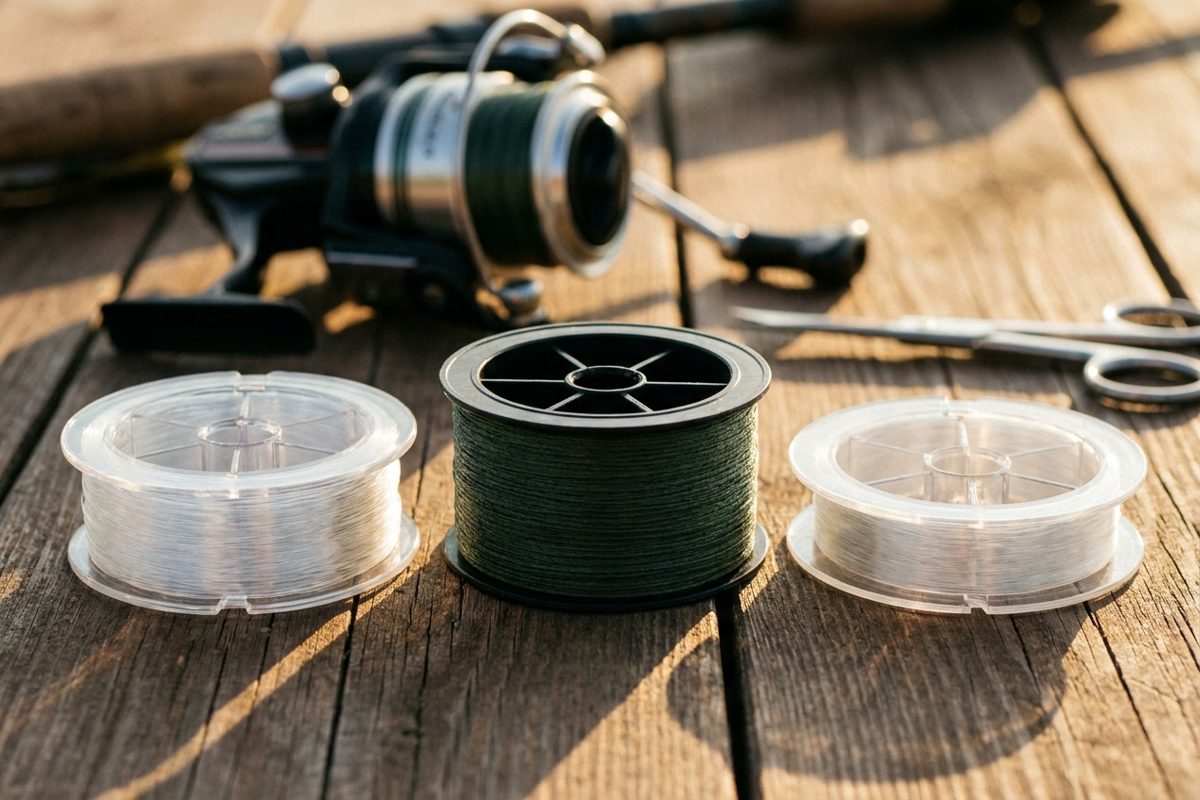 Bobines de nylon, de tresse et de fluorocarbone posées près d'un moulinet