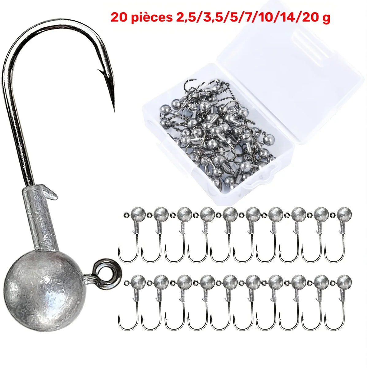 20 Têtes de Jig Rondes en Acier Carbone avec Boîte