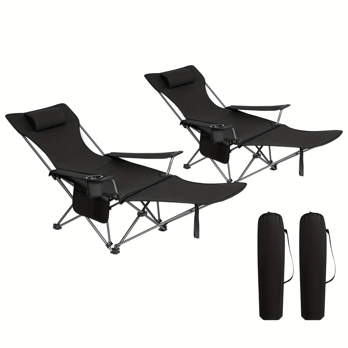 Chaise Longue Pliante Réglable Avec Repose-Pieds — Noir 2 Pièces, photo 8