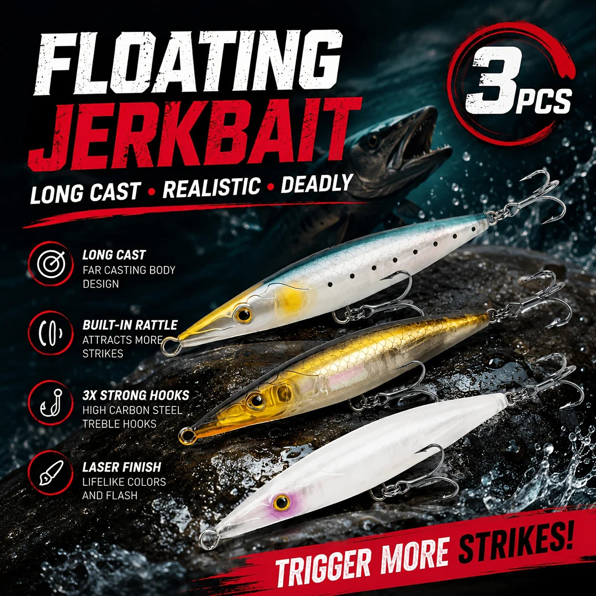 Ensemble De 3 Leurres Jerkbait Flottants — photo 3