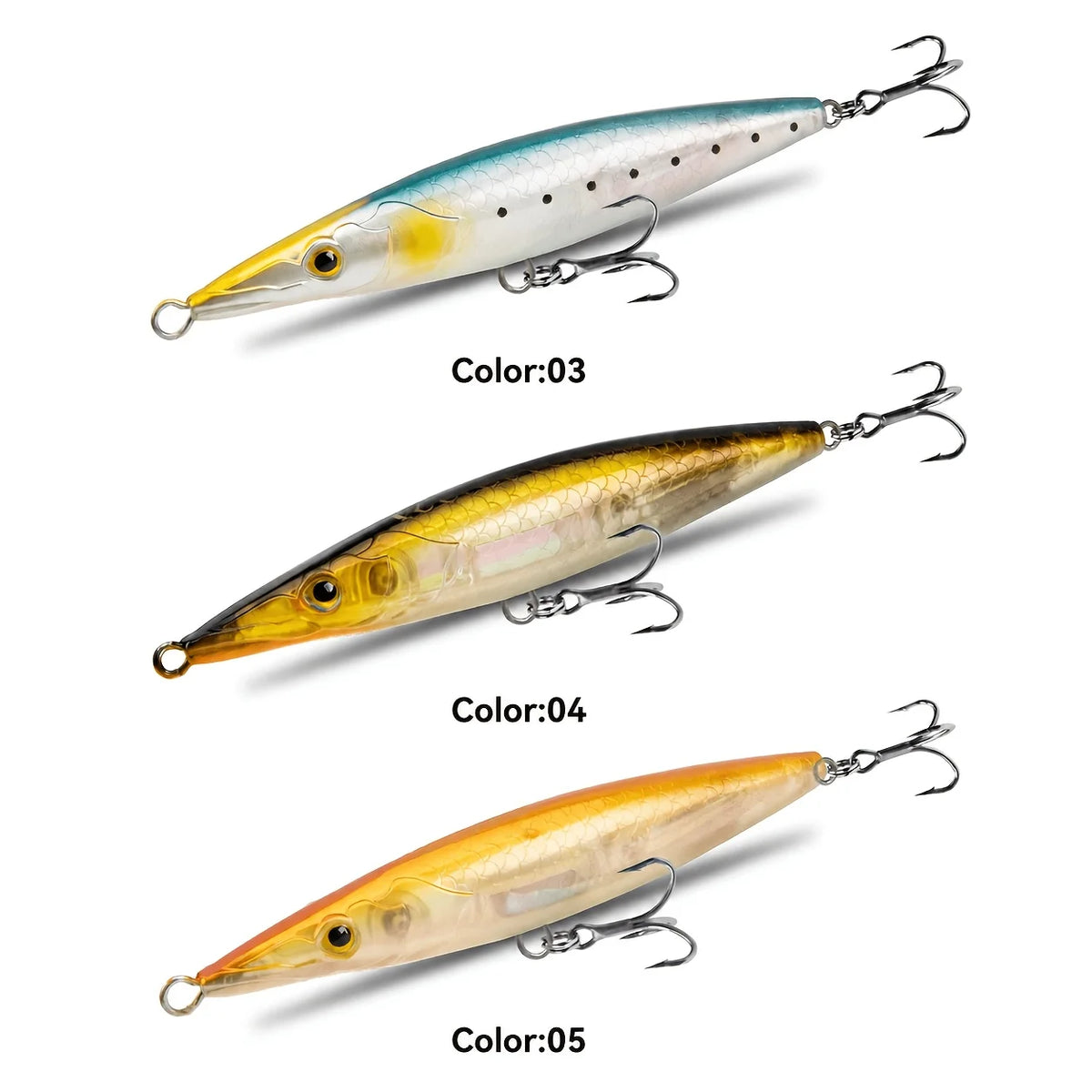 Ensemble De 3 Leurres Jerkbait Flottants — Argent Bleu + Doré + Orange Clair, photo 10