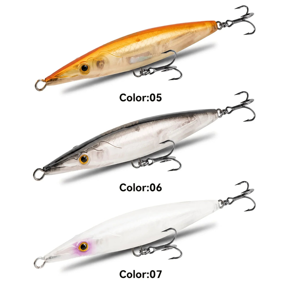 Ensemble De 3 Leurres Jerkbait Flottants — Orange Clair + Argent Fumé + Blanc, photo 11