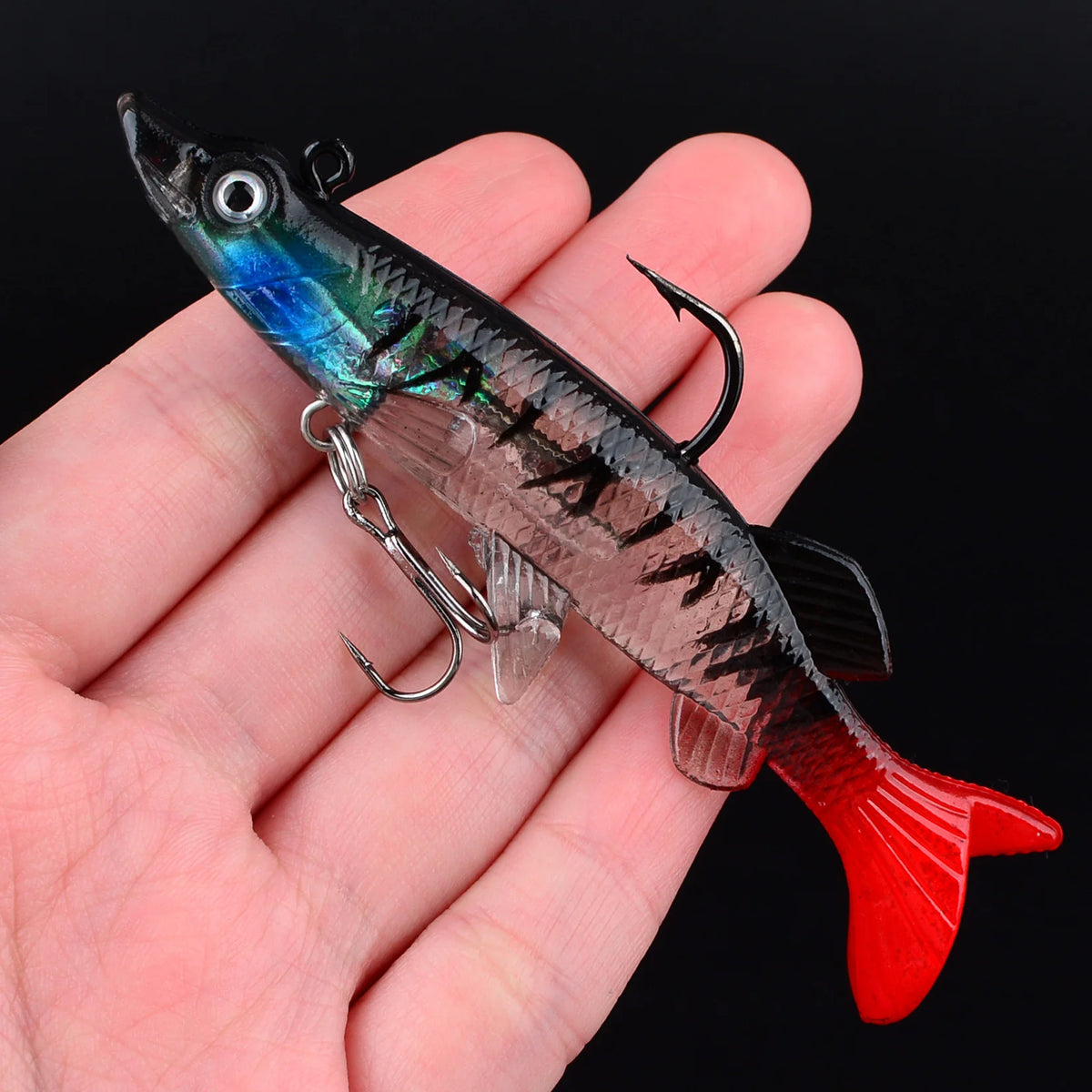 Leurre Souple Artificiel Avec Tête De Jig — Motif Bleu Noir Rouge