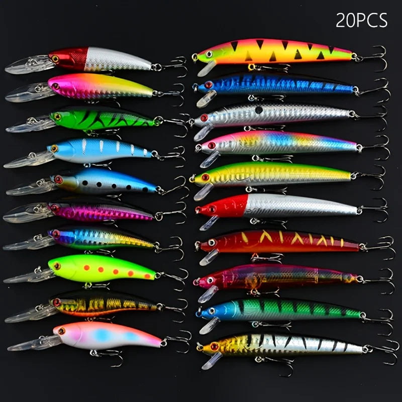 Leurres de Pêche Minnow en Plastique 20 Pièces — Kit 20 Pièces Différents Styles