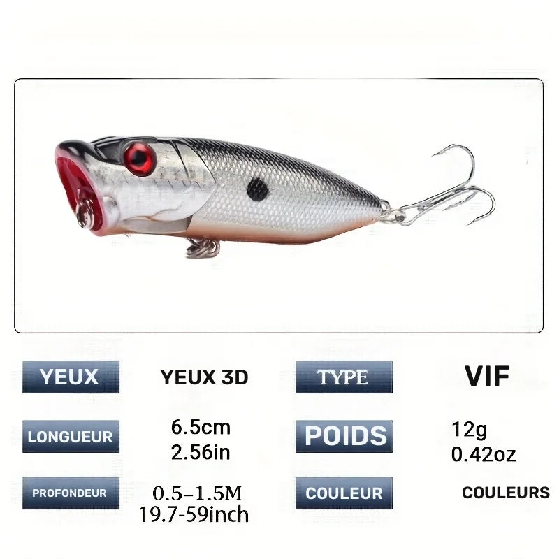 Leurres Popper Topwater 6,5 Cm 12 G Lot De 5 — photo 6
