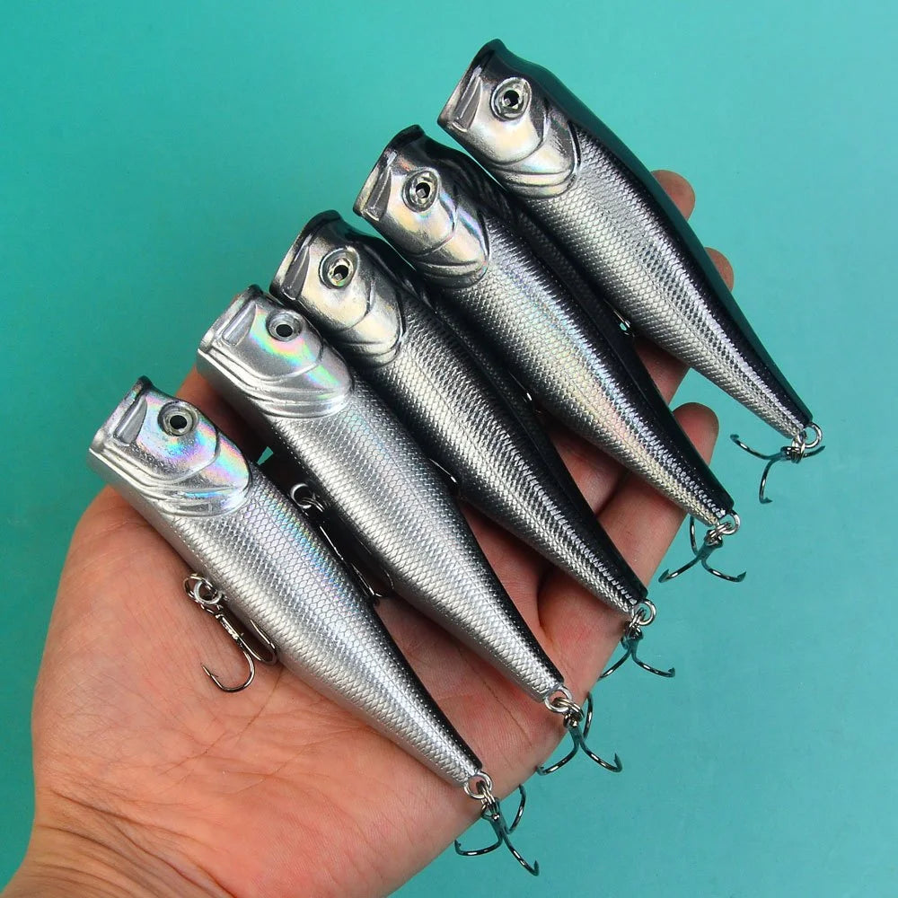 Lot De 5 Leurres Popper Gris À Surface Éclatante