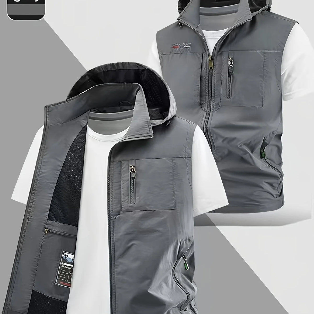 Veste Sans Manches À Capuche Cargo Légère — Gris, photo 12